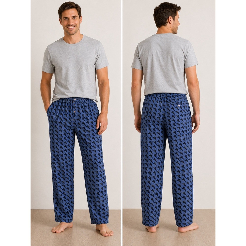 Tommy Bahama Men's Large Light Blue Fish Print Cotton Pajama Pants Elastic Waist